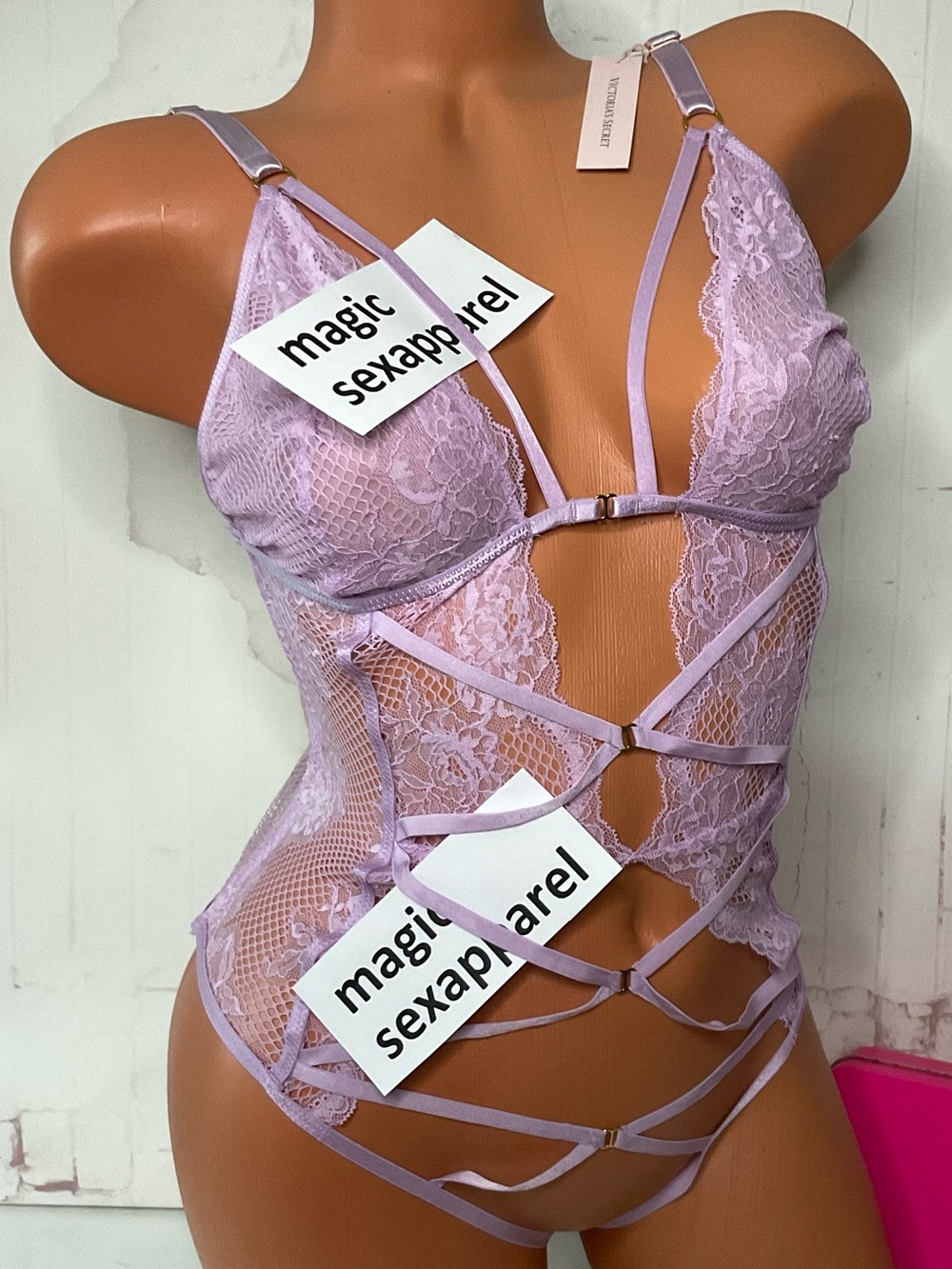VS XL FISHNET STRAPPY OUVERT OPEN VERY SEXY TEDDY BODYSUIT CUT OUT CAGED LILAC